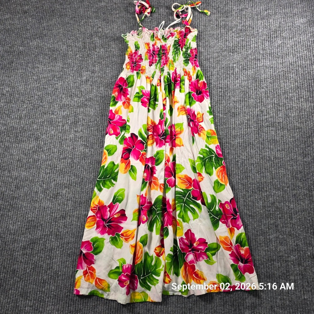 Two Palms Hawaii Floral Smocked Midi Sundress Tropical Hibiscus Rayon OSFA